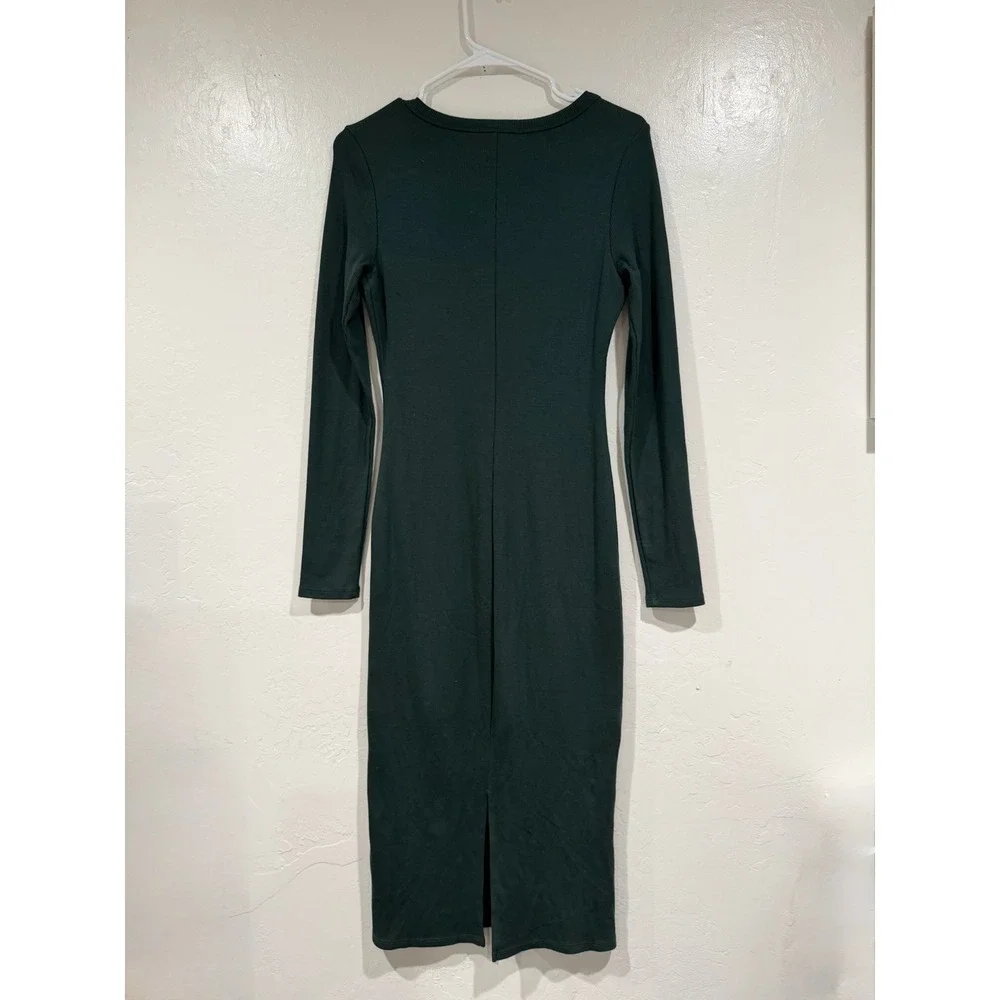 Marine Layer Women Green Ribbed Scoop Neck Long Sleeve Midi Bodycon Dress Small